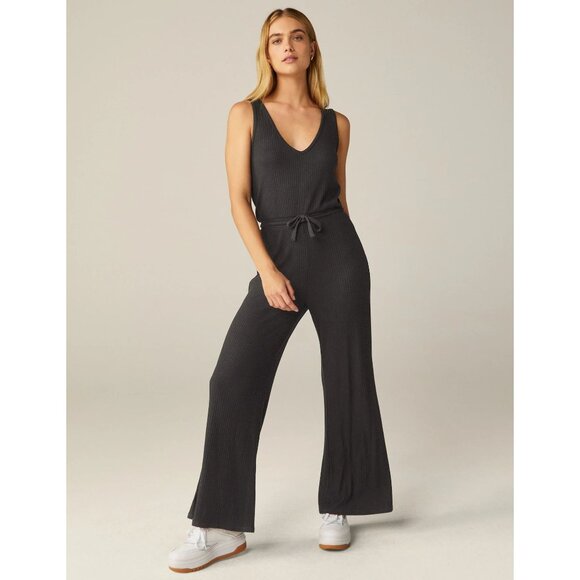 Beyond Yoga Black Ribbed Jetsetter Jumpsuit Sleeveless V-Neck Drawstring Waist - Picture 4 of 10